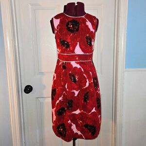 Ann Taylor 4P Red Poppies Print Cotton Midi Dress